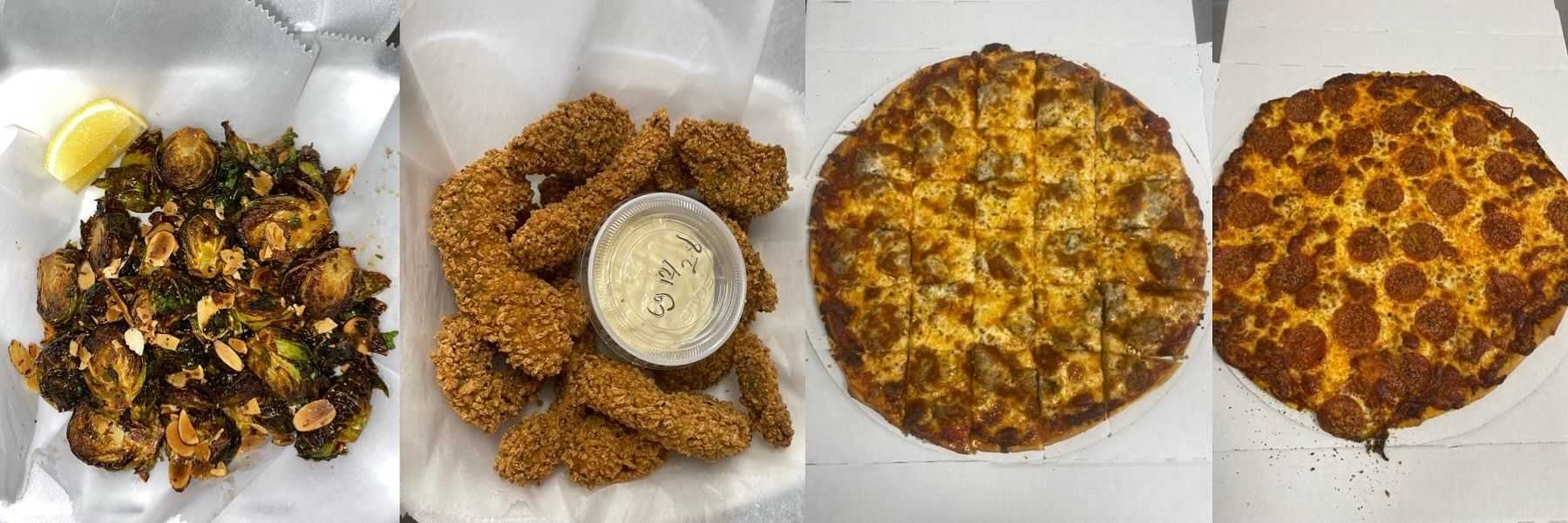 Fried Brussels sprouts, chicken tenders with dip, cheese pizza, and pepperoni pizza lined up.